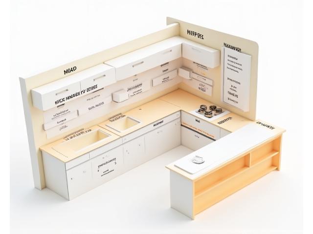 3D vizualizace ergonomické kuchyně se zvýrazněnými oblastmi dosahu a výškami pultů