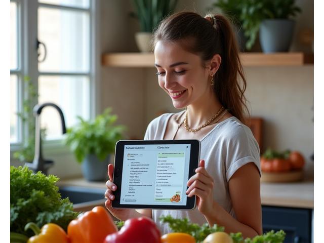 Žena v kuchyni se usmívá a drží tablet, na kterém je zobrazen personalizovaný recept doporučený AI, obklopená čerstvými ingrediencemi.