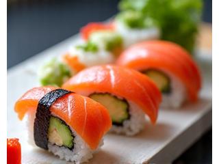 Uživatelem nahraná fotografie misky s čerstvě připraveným sushi, s wasabi a zázvorem.