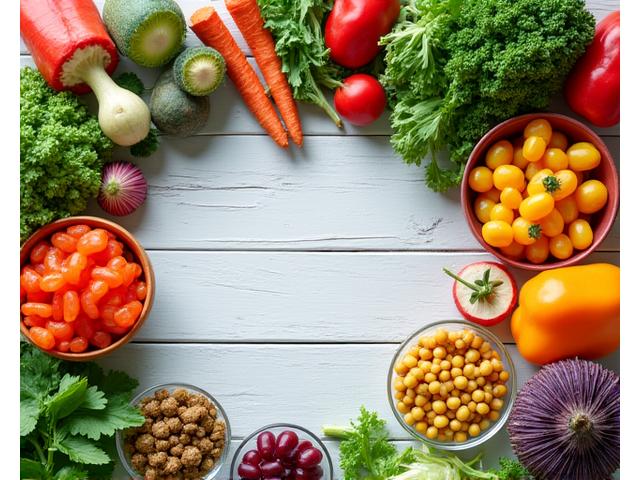 Rozmanitá plant-based jídla na dřevěném stole