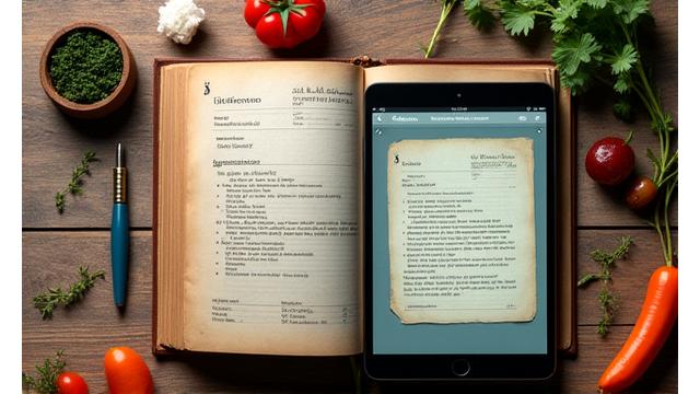 Skica kuchařské knihy a tabletu na stole