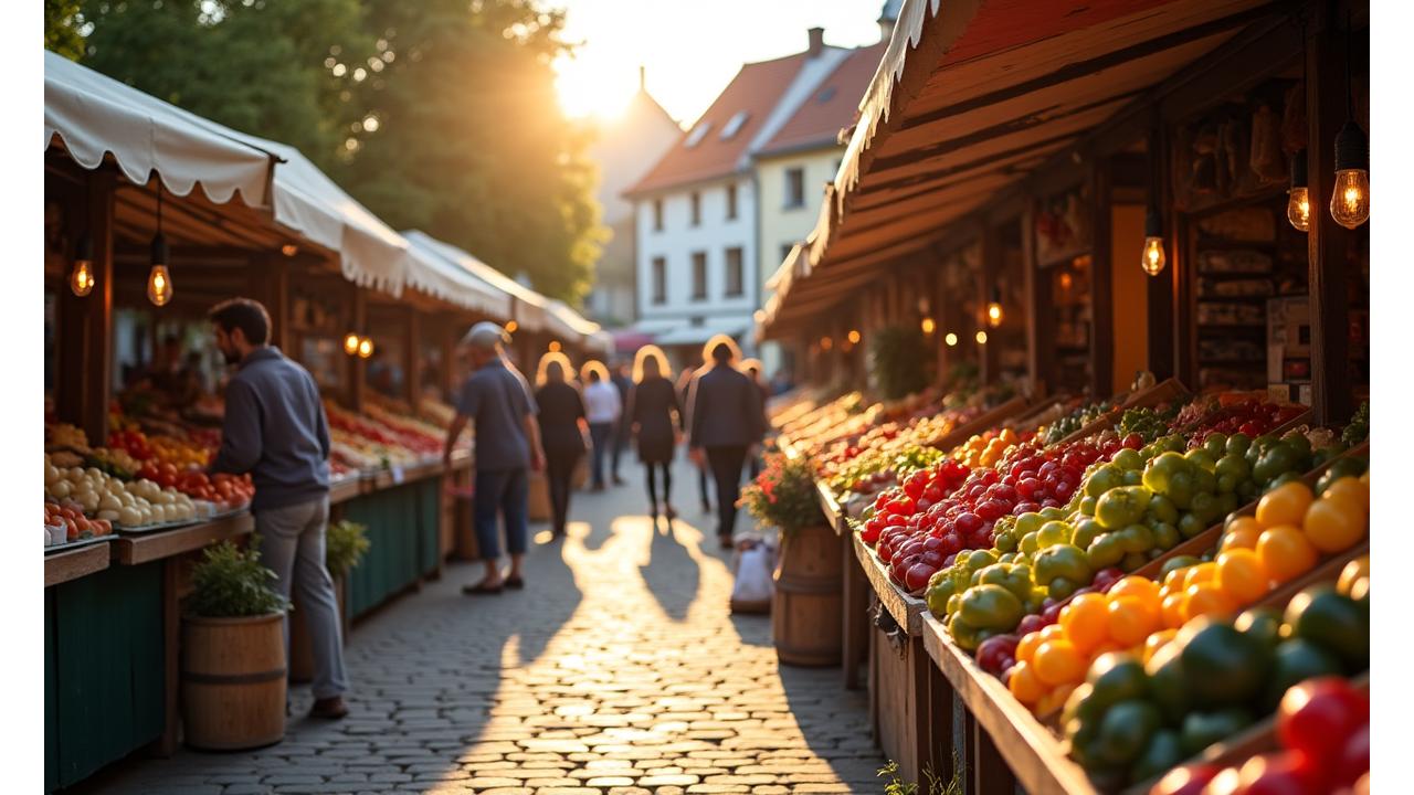 Živý pražský farmářský trh s množstvím stánků plných čerstvého ovoce, zeleniny, pečiva a místních specialit, s lidmi nakupujícími a usmívajícími se prodejci