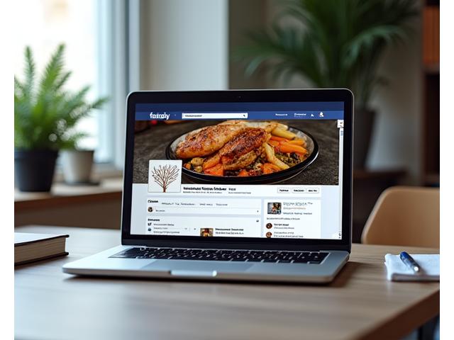 Počítačový monitor s Facebook profilem restaurace, kde jsou zobrazeny optimalizované food fotografie.