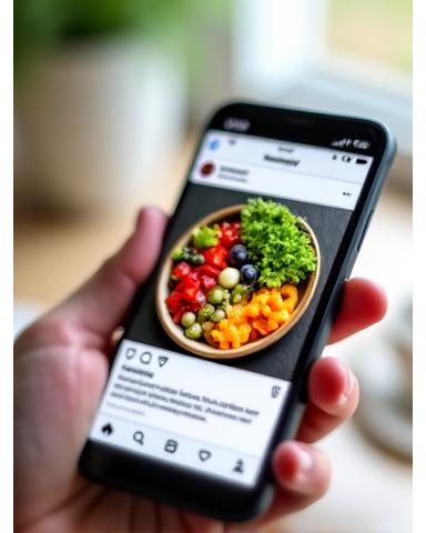 Mobilní telefon s Instagram feedem zobrazujícím food fotografie optimalizované pro platformu.