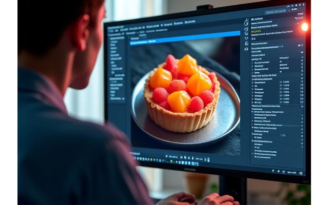 Grafický editor s otevřeným zpracováním food fotografie, demonstrující post-produkční proces.