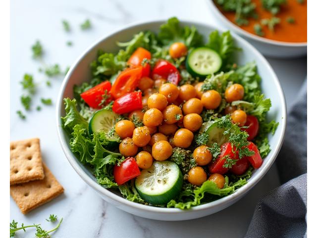 Zdravý plant-based oběd se salátem, quinoou a pečenou zeleninou, připravený k jídlu.