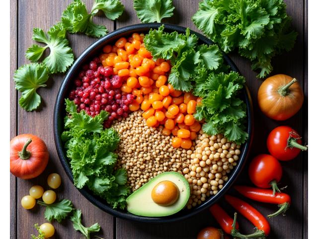 Talíř plný čerstvé, barevné plant-based stravy, s vizí udržitelnosti.