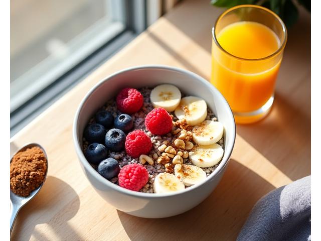 Plant-based snídaně s ovocem, ovesnou kaší a ořechy, slunečné ráno.