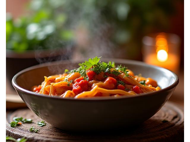 Slavnostní plant-based večeře s pestrou zeleninou a fazolemi, připravená na dřevěném stole.