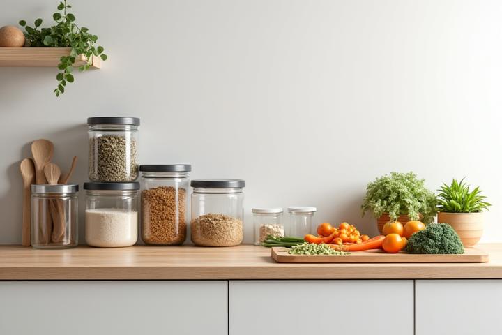 Moderní, uklizená kuchyň s recyklačními nádobami a kompostem, zdůrazňující zero-waste principy.