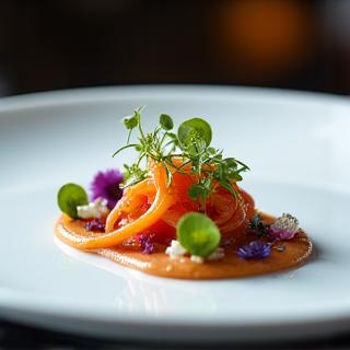 Talíř s elegantně nazdobeným pokrmem ve fine dining restauraci